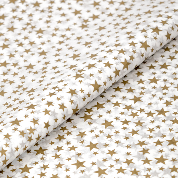 Gold Star Patterned Tissue Paper from Midpac Packaging. White Tissue Paper with a gold star print across the sheet